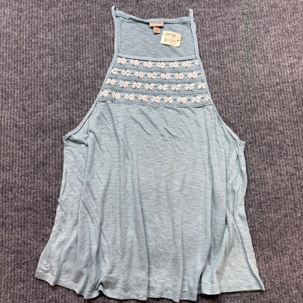 Cape Juby Blue Boho Halter Tank Top XL Crochet Embroidered Swing Fit NWT